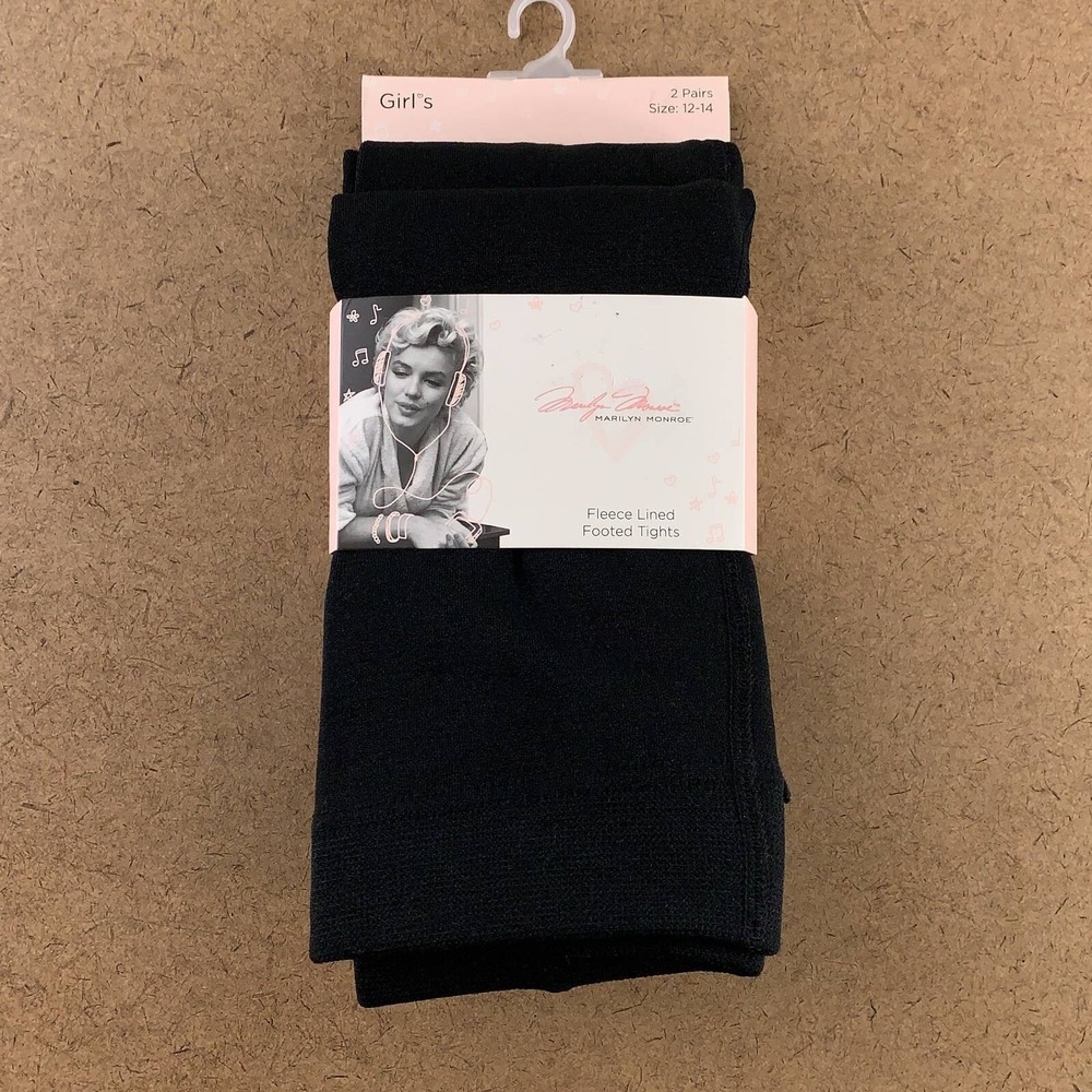 Marilyn Monroe Girls Size 12-14 Black Fleece Lined Footed Tights 2 Pairs NWT